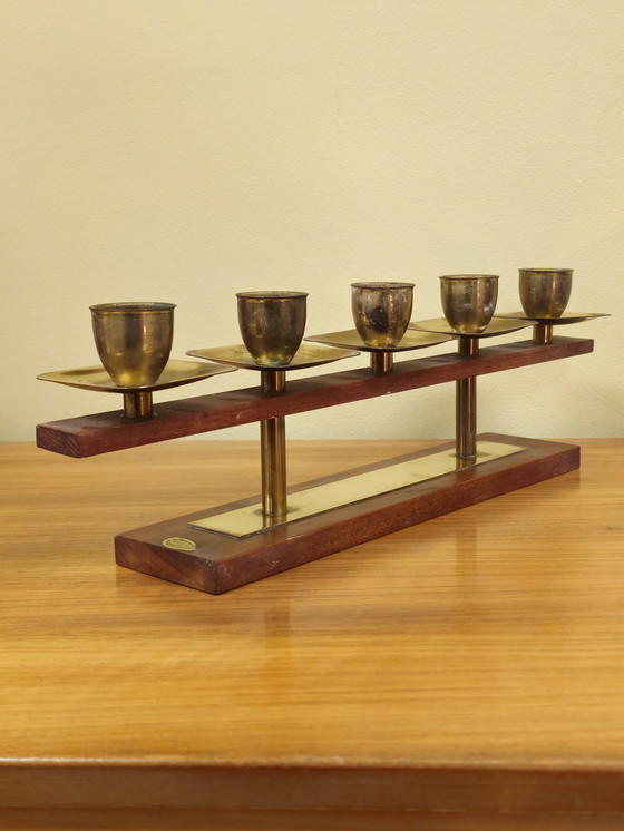 Image 1 of Vintage Teakhouten Kandelaar Kaarsenhouder Messing 