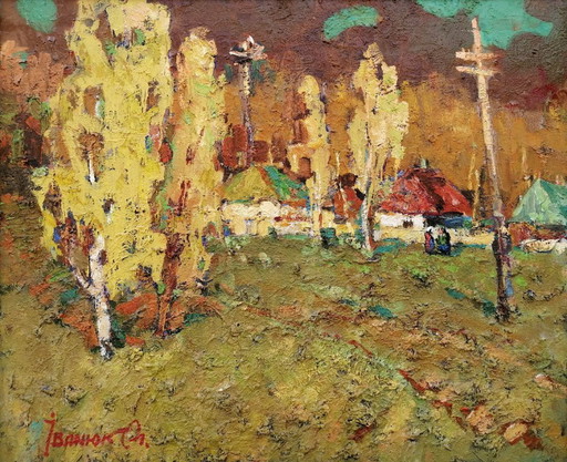 Original Oil Painting Rural Landscape House Village Autumn Evening