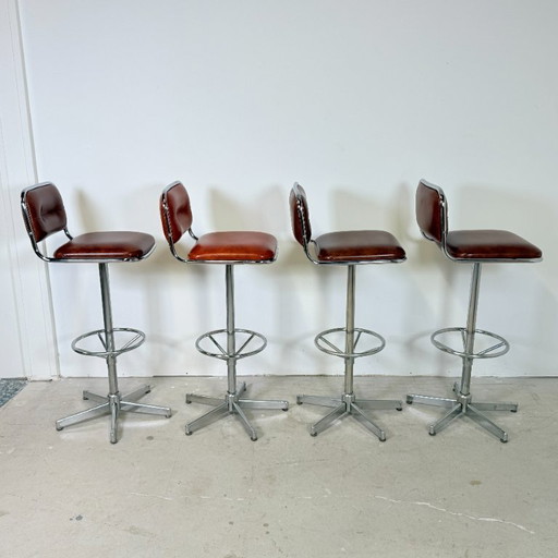 Chrome Bar Stools 1970s Cognac Faux Leather Upholstery – barkrukken, Skai (photo 2 of 14)