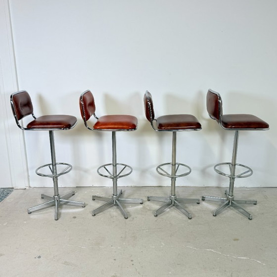 Chrome Bar Stools 1970s Cognac Faux Leather Upholstery – Barstools, Skai (photo 2 of 14)