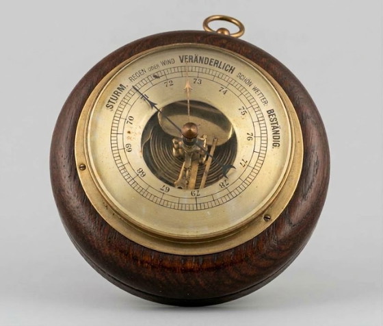 Baromètre Ancien avec Cadran en Laiton et Boîtier en Bois, Ø env. 14 cm, Pendules, Marron (photo 4 sur 5)