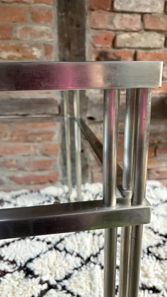 Image 1 of Table d'appoint style Mid-Century, acier brossé, verre, designer