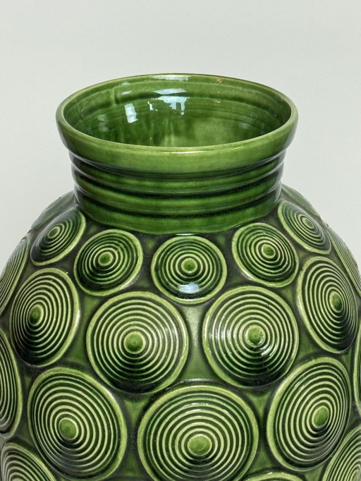 Large Mid-Century Ceramic Green Spiral Pattern Vase by Bay Keramik. West Germany, 1960s.