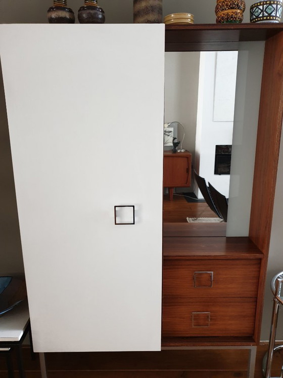 Image 1 of Teak wood cabinet with sliding door, drawers, mirror and light