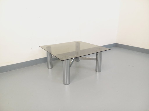 Vintage Italian square Space Age coffee table in smoked glass and chrome metal from the 1970s