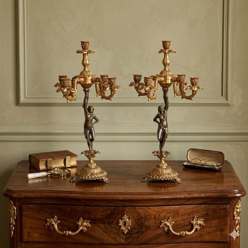 Pair of Splendid Candelabra Candlesticks Bronze Gold Nude Woman