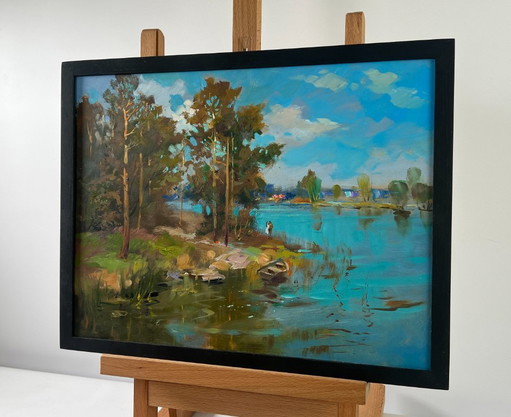 Pintura al óleo original: Paisaje costero de verano - El sol y la ribera del río.