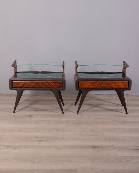 Image 1 of COPPIA DI COMODINI VINTAGE ANNI 50 IN LEGNO E VETRO DESIGN ITALIANO