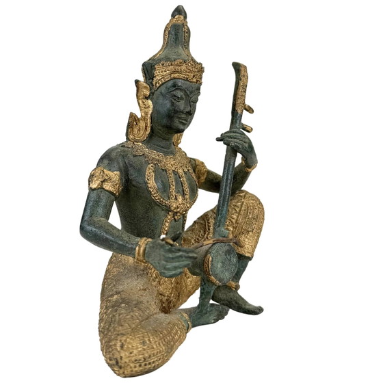 Thaise Bronzen Tempelmuzikanten en Danseres – Set van 4 Beeldhouwkunst – 2.4 kg (photo 3 of 10)