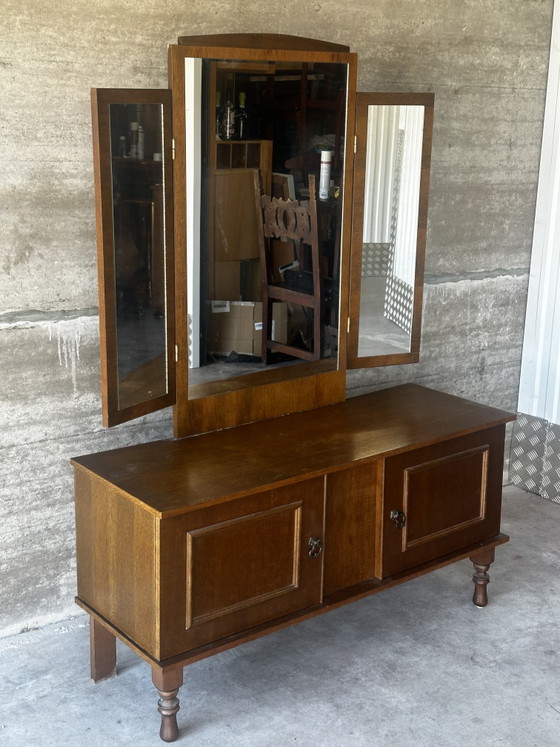 Vintage kaptafel met drieluikspiegel, jaren 50 – Coiffeuse Mid-Century, Ladekasten, Wood, Glass (photo 5 of 15)