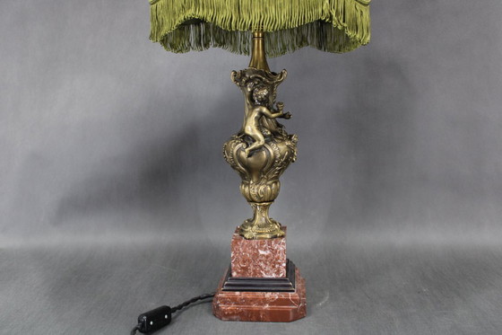 Image 1 of 1940s Restored Brass and marble Table Lamp with Fabric Shade