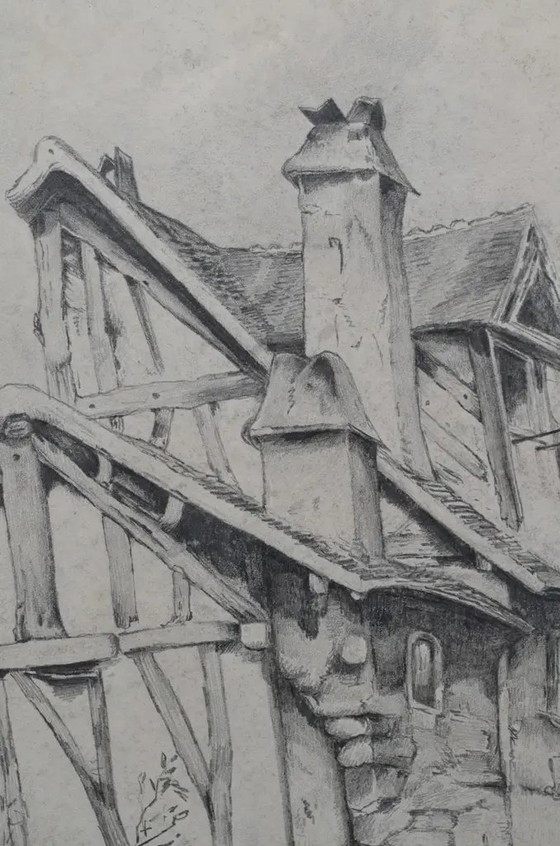 Disegno a carboncino attribuito a Jacques Moulinier (1753–1828) — Figure davanti a una casa a graticcio (photo 3 of 14)