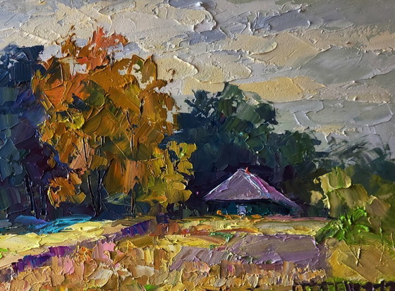 Image 1 of Origineel olieverfschilderij: Landelijk landschap met herfstbloemen in de tuin.