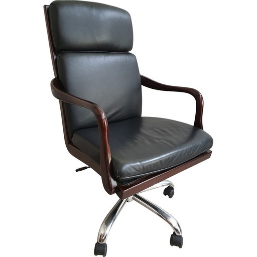 Sedia da ufficio vintage Heldense in legno e pelle, 1990