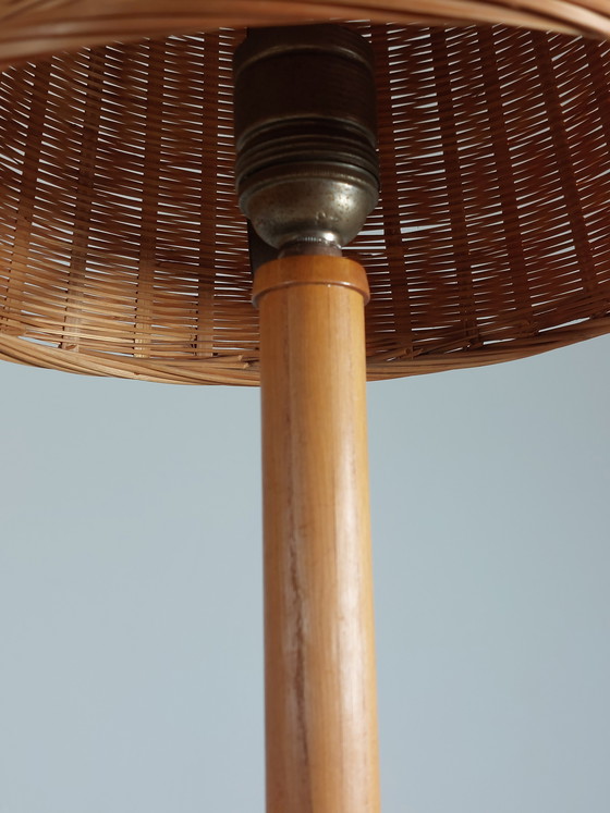 Image 1 of Vintage Temde wood brass 1950s table lamp basket shade