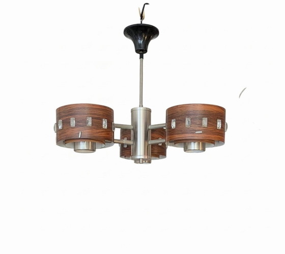 Vintage Scandinavian Chandelier, Pendant Lamp – Chrome, Wood (photo 5 of 6)