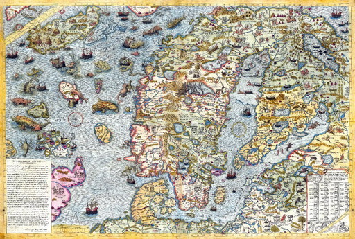 Carta Marina, la primera representación cartográfica de la península escandinava realizada por Olaus Magnus, 1539 - 70×100 cm