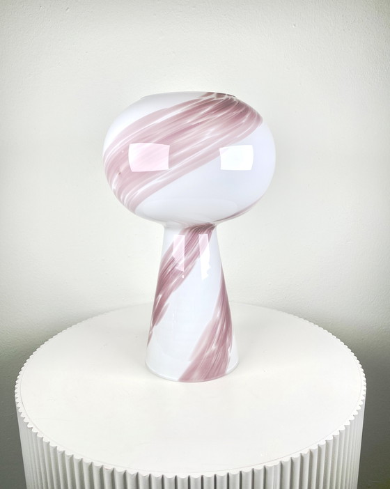 Image 1 of Vintage Murano Glass Mushroom Globe Medium-Size Table Lamp in White Opaline with Light Rose Pink Swirl