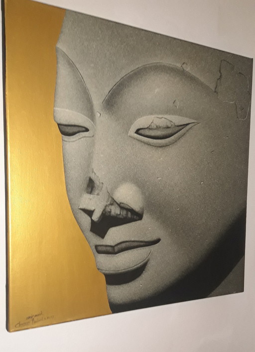 Buddha Ölgemälde handgemalt mit 3D Blatt Holzfarbe und Pinselstrich Relief-Effekt 100x135 cm