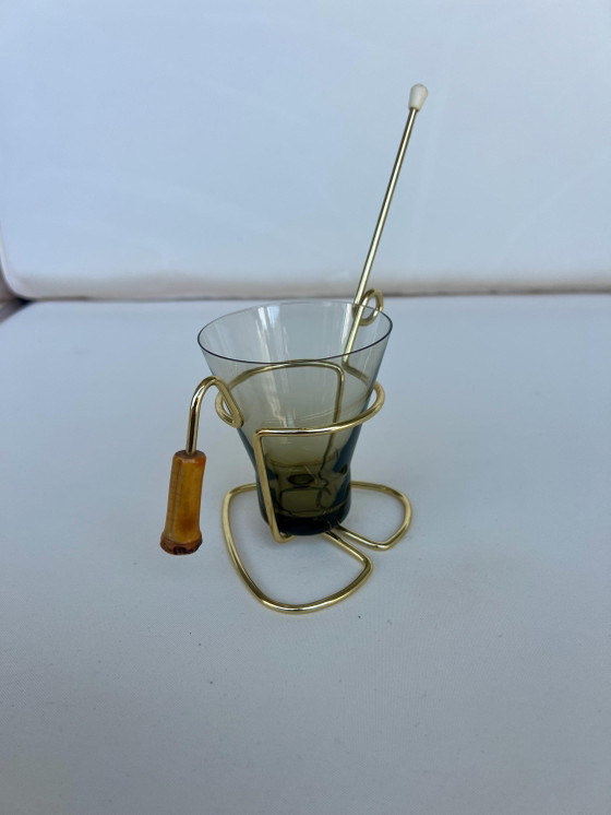 Vintage Pretzel Stick Holder Set Smoked Glass Gold Metal Mid Century Cocktail Snack Server Atomic Barware (photo 6 of 7)