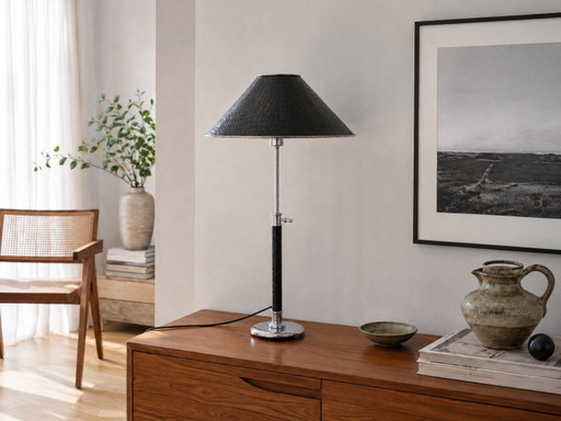 Vintage Chrome & Croco-Effect Table Lamp – Adjustable – Adnet Style – 1970s/80s – tafellampen, Metal, Leather (photo 2 of 6)