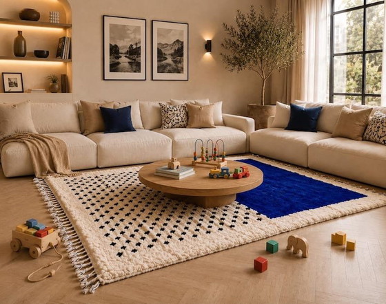 Alfombra bereber tradicional hecha a mano, azul y blanca, 2/3 m – Ahrend, Wool (photo 4 of 7)