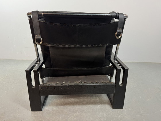 Image 1 of Beautiful black leather Brutalist armchair, designed by Sonja Wasseur. Amsterdam, Netherlands, 1970s.