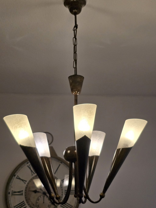 Vintage Mid-Century Brutalist Trumpet Horn Chandelier – Frosted Glass & Patinated Metal