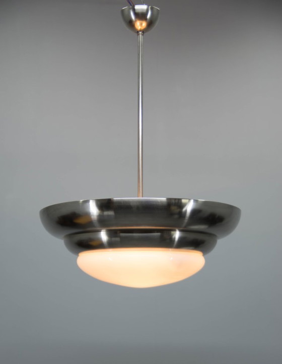 Rare Franta Anýž Nickel Chandelier, 1930s, Restored – Anyz Franta, Metal, Glass (photo 4 of 12)