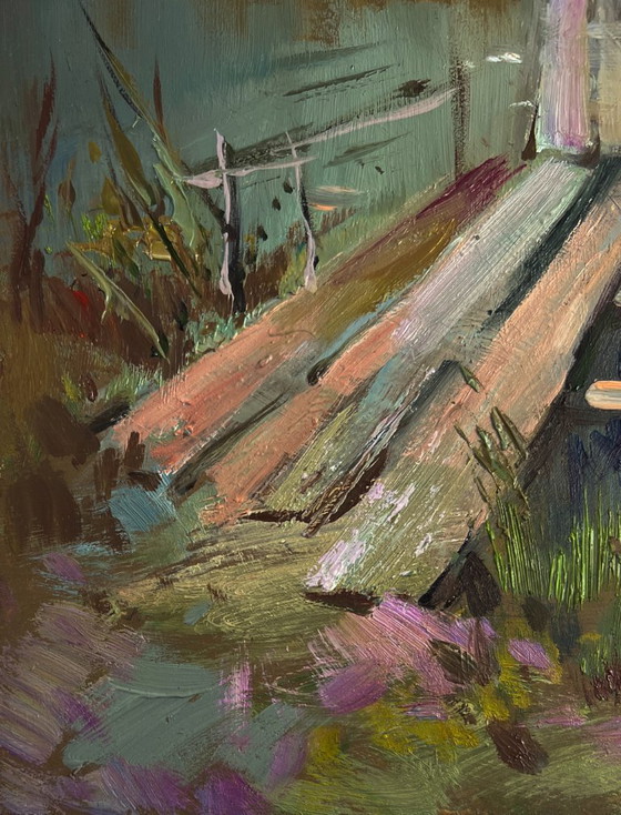 Image 1 of Original Oil Painting Summer River Landscape Bridge to the village