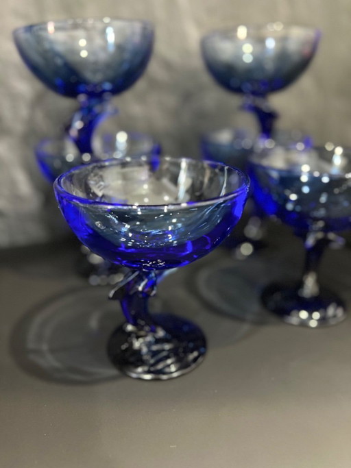 Set van 6 vintage Clairay / La Rochère Frankrijk kobaltblauwe dolfijnglazen (jaren 70)