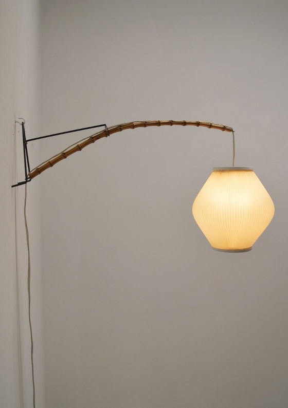 Image 1 of Danish wall lamp with wooden arch and pearl shade lampshade, 1960s