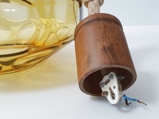Image 1 of Vintage 1960s Rope, Gold Glass & Teak Pendant Light