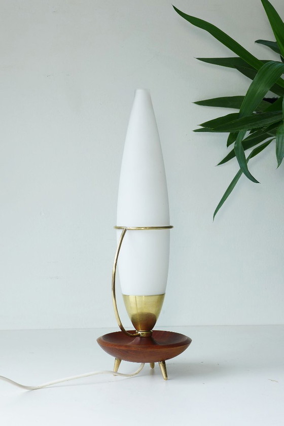 Image 1 of Vintage Philips tripod table lamp, 1960s, brass, teak, opal glass, Rocket Lamp