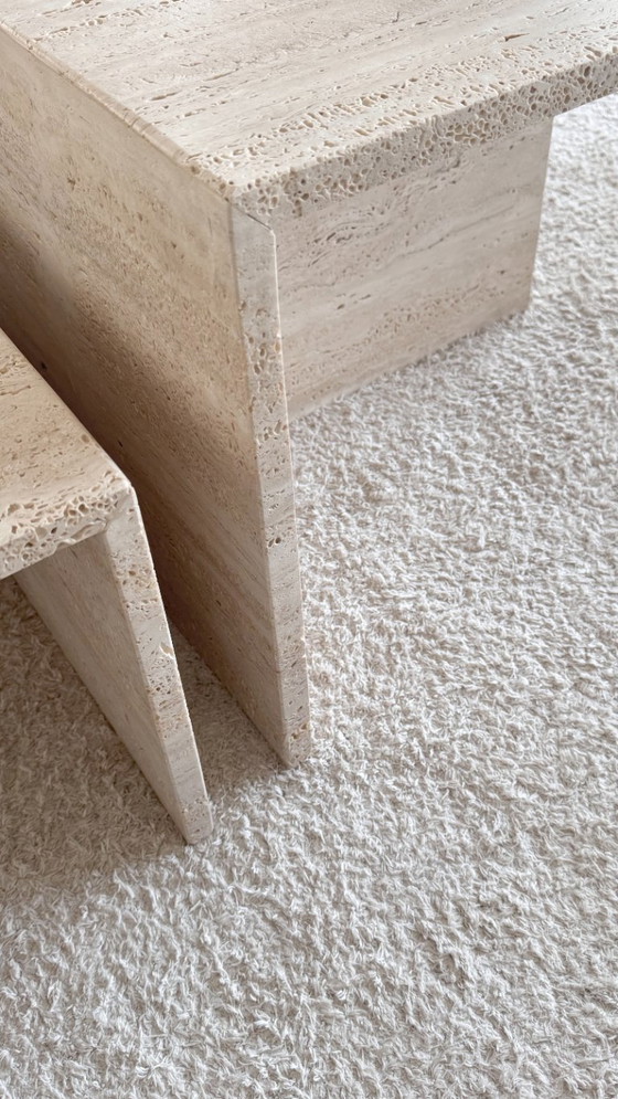 Image 1 of Set of 2 travertine side tables - Design natural stone tables in minimalist style