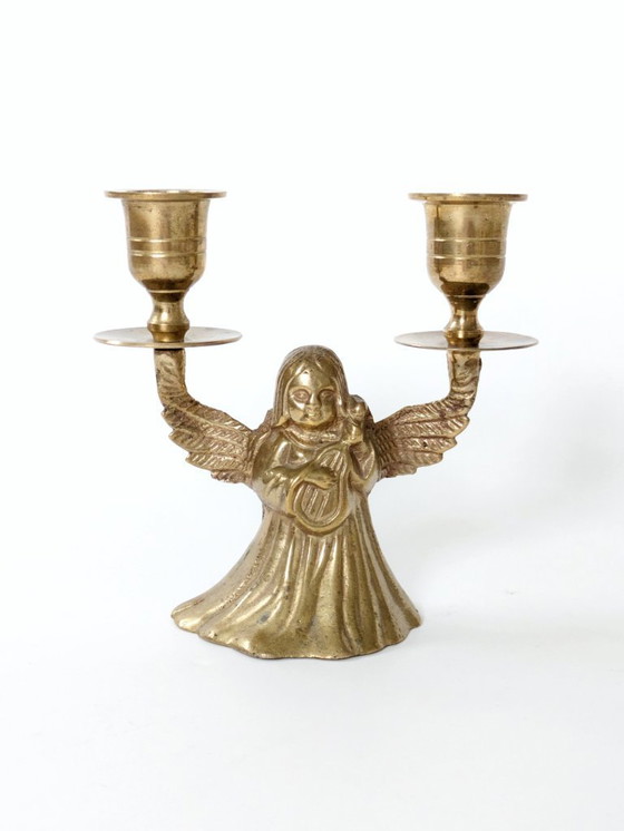 Image 1 of Midcentury Brass Candleholder, Winged Angel for 2 Candles, Christmas Brass Decor