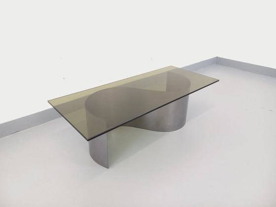 Image 1 of Vintage Space Age rectangular coffee table in steel and smoked glass from the 1970s