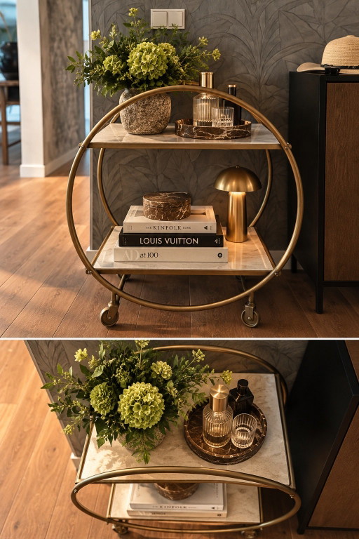 Goldener Servierwagen mit Marmorplatten