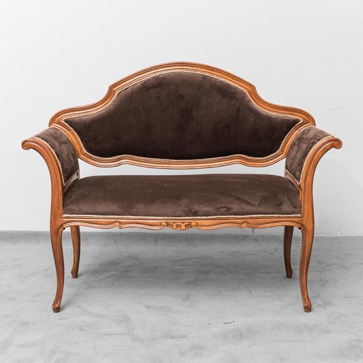 Banc vintage en velours marron et bois sculpté années 50