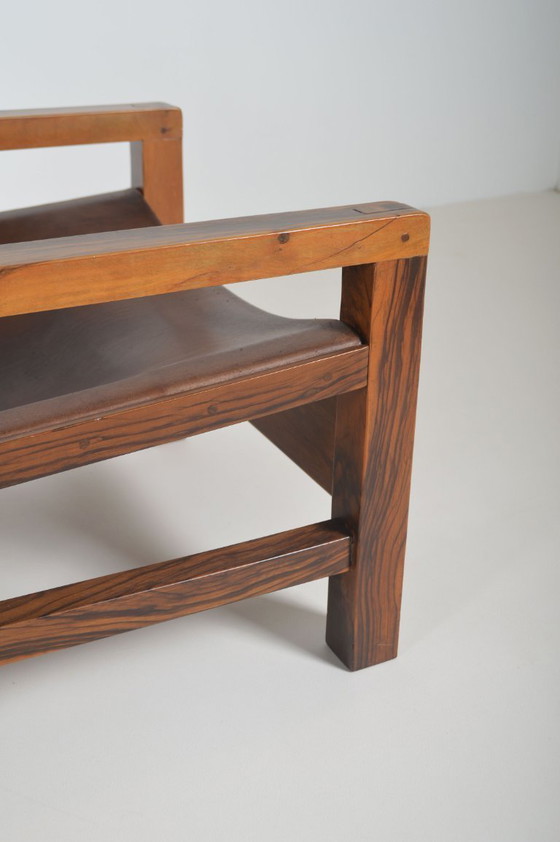 Image 1 of Set Franse zetels in olijfhout met tuigleer, jaren '70