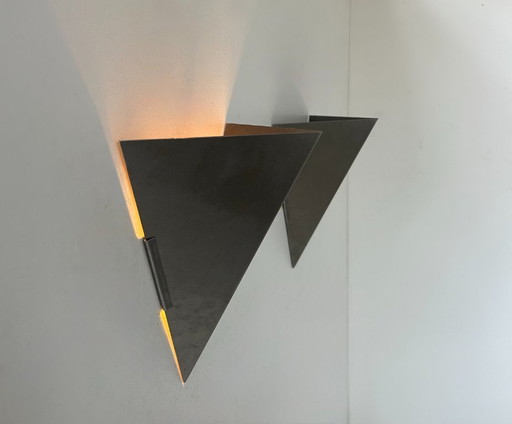 Pair of vintage geometric wall lights, matte folded steel, France, 1980