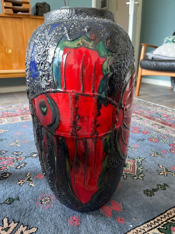 Image 1 of Alemania Occidental raro jarrón de lava grande con motivo de peces