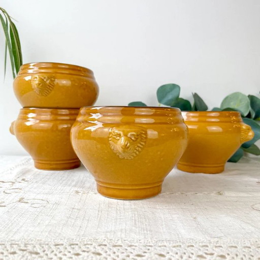 4 Bols Vintage en Céramique Tête de Lion pour Soupe à l'Oignon - Miel et Noir, Fabriqué en France