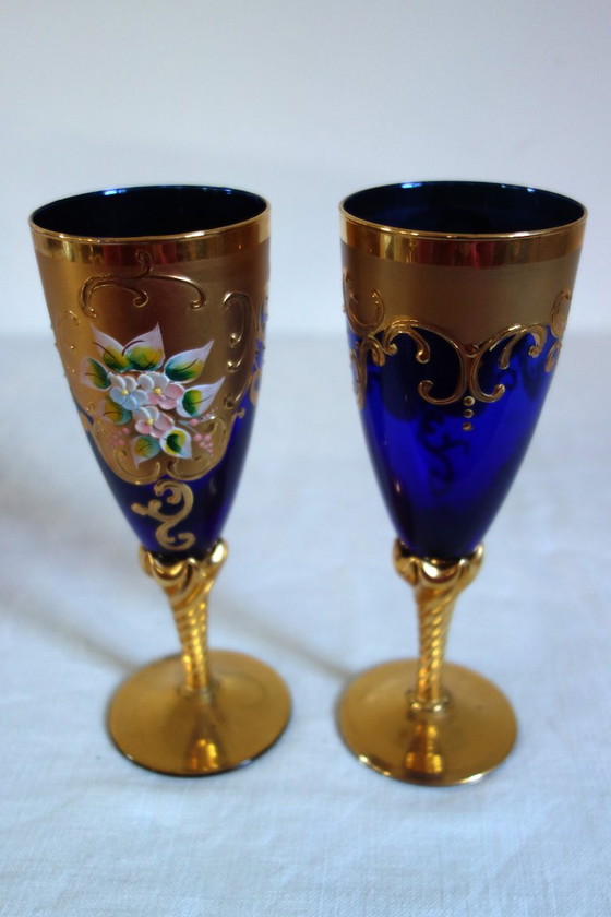 12 flûtes verre de Murano bleu cobalt et or mid century, Verres et carafes (photo 7 sur 12)