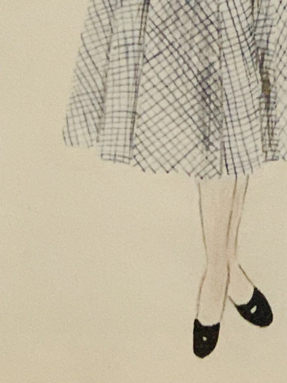 Image 1 of Mid-Century, Signed, Framed, “Robe Ecossaise” Pencil Sketch on Paper by Berthe Duquaine, 1950's