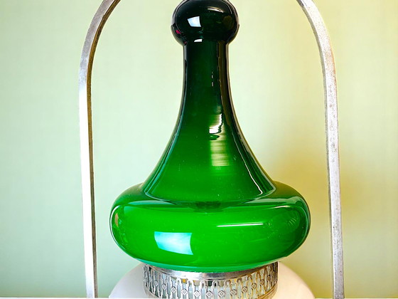 Image 1 of Portuguese Mid Century Modern Green Opaline Milk Glass Chandelier for High Ceilings, 1940s-50s
