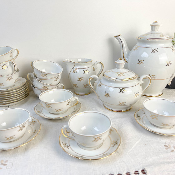 Image 1 of Set da tè/caffè vintage in porcellana bianca con finiture dorate FD Chauvigny