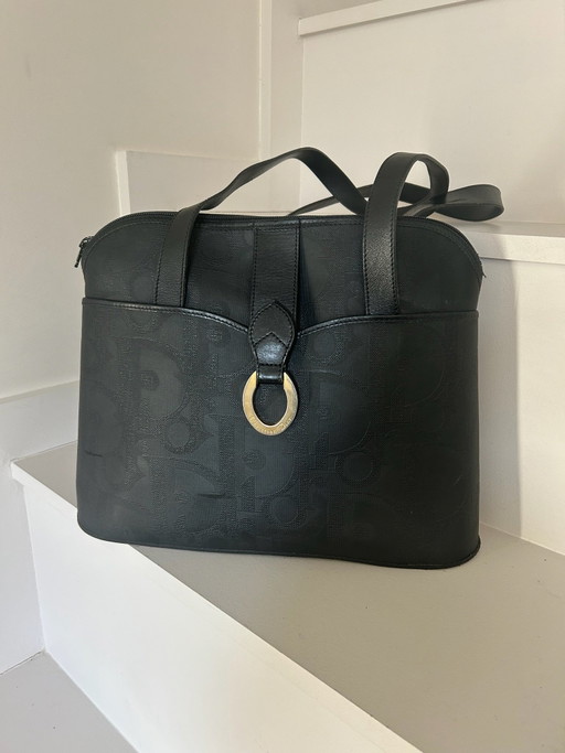 Vintage Christian Dior Oblique Schwarze Schultertasche - Vergoldetes Metall