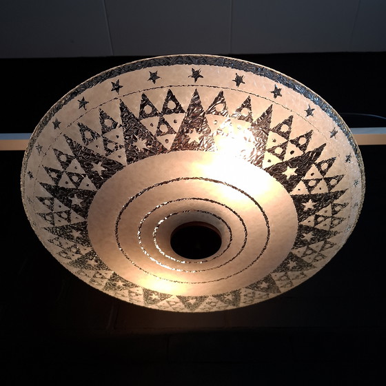 Image 1 of Vintage schaal plafondlamp jaren 50 glas/teakhout