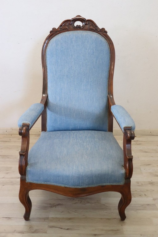 Fauteuil ancien en noyer, Italie Mid Century